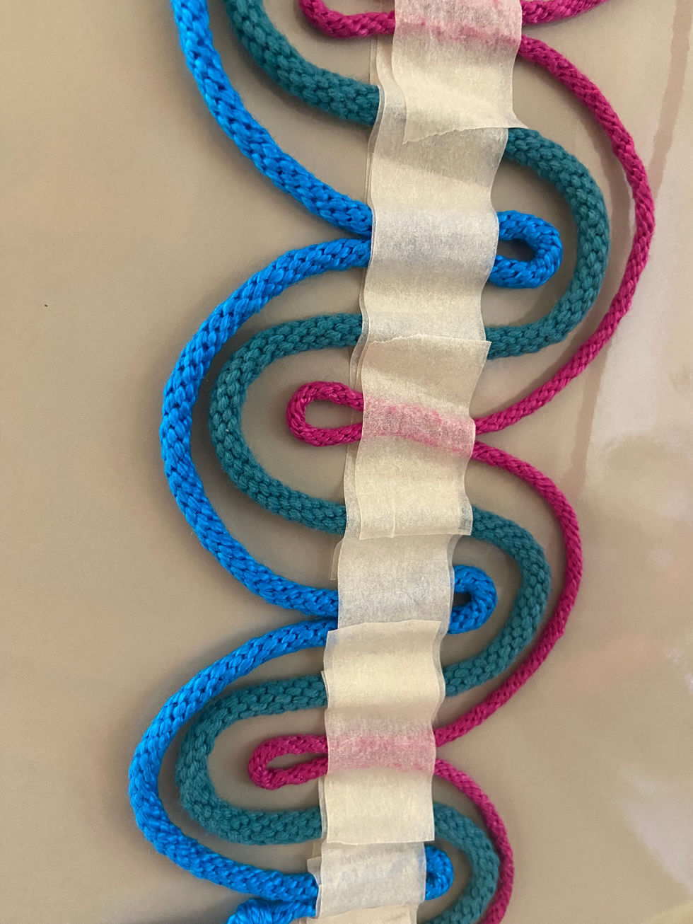 Design development using my kumihimo cords and masking tape. A quick and easy way for me to visualise potential designs without having to actually weave