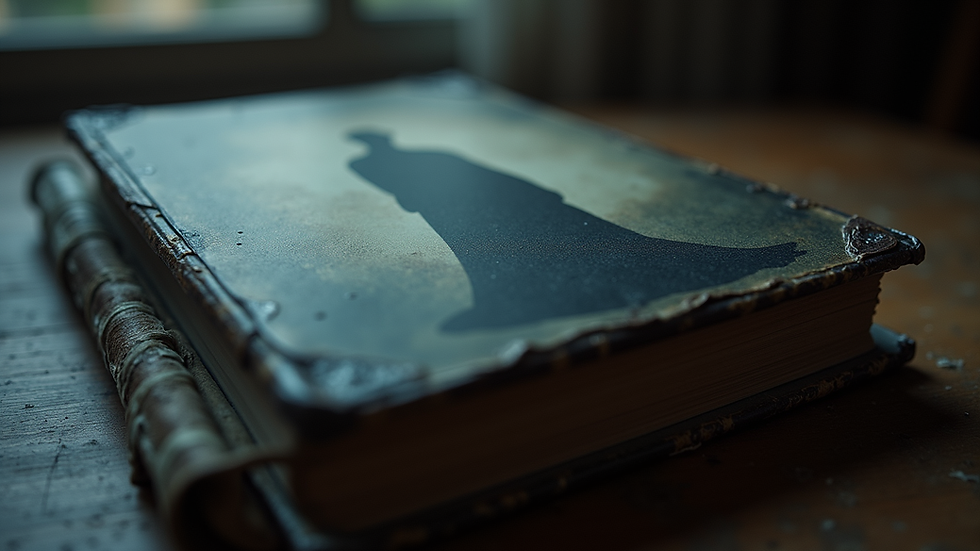 Close-up view of a mysterious book cover with a shadowy figure