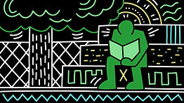 Stylized image of a person sitting on a steps outside of a building.  The person is enjoying a good book.