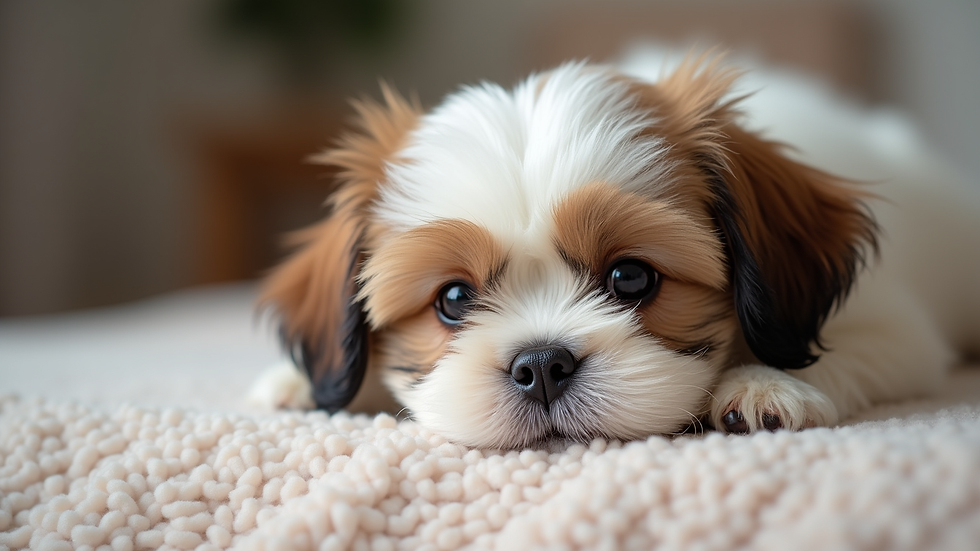Close-up view of a Shih Tzu puppy resting on a soft blanket