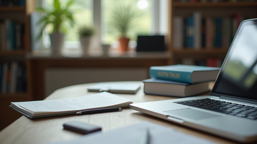 Close-up view of a student’s study desk with UK textbooks and a laptop
