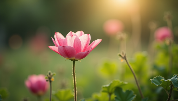 Eye-level view of a single blooming flower in a quiet garden