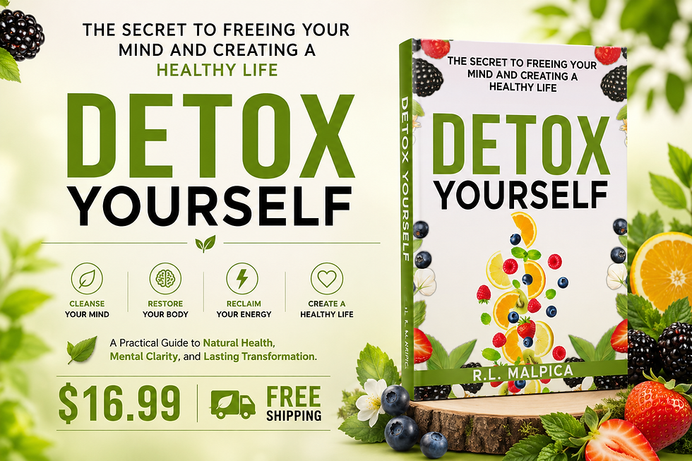 Detox Yourself book by R.L. Malpica with fruit imagery, natural health detox guide for energy, clarity, and healthy living