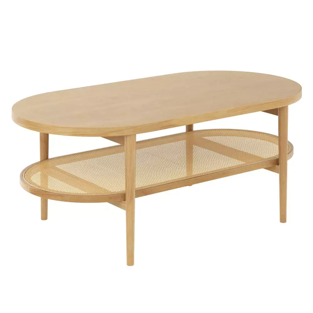 Mesa de centro ovalada de 117 cm en madera de pino cálido y ratán