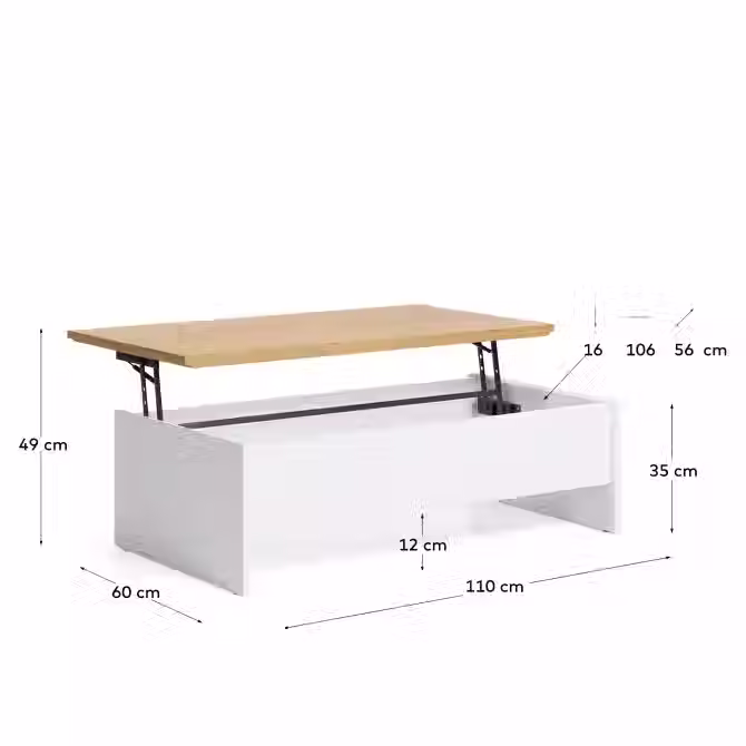 Miniatura: Mesa de centro elevable Abilen de chapa de roble y lacado blanco 110 x 60 cm