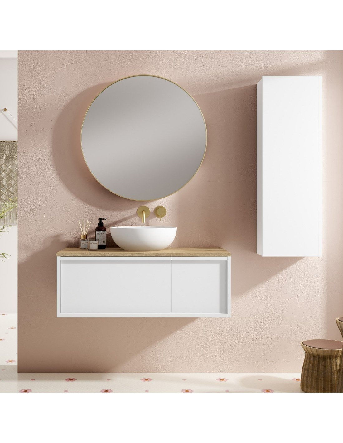Mueble de baño suspendido HONEY blanco con tapa madera.
