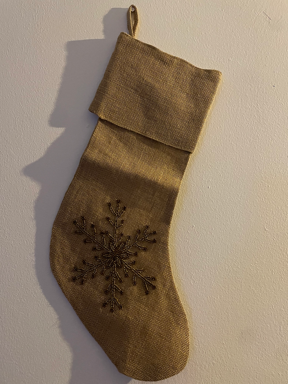 Thumbnail: Beaded snowflake burlap Christmas stocking 