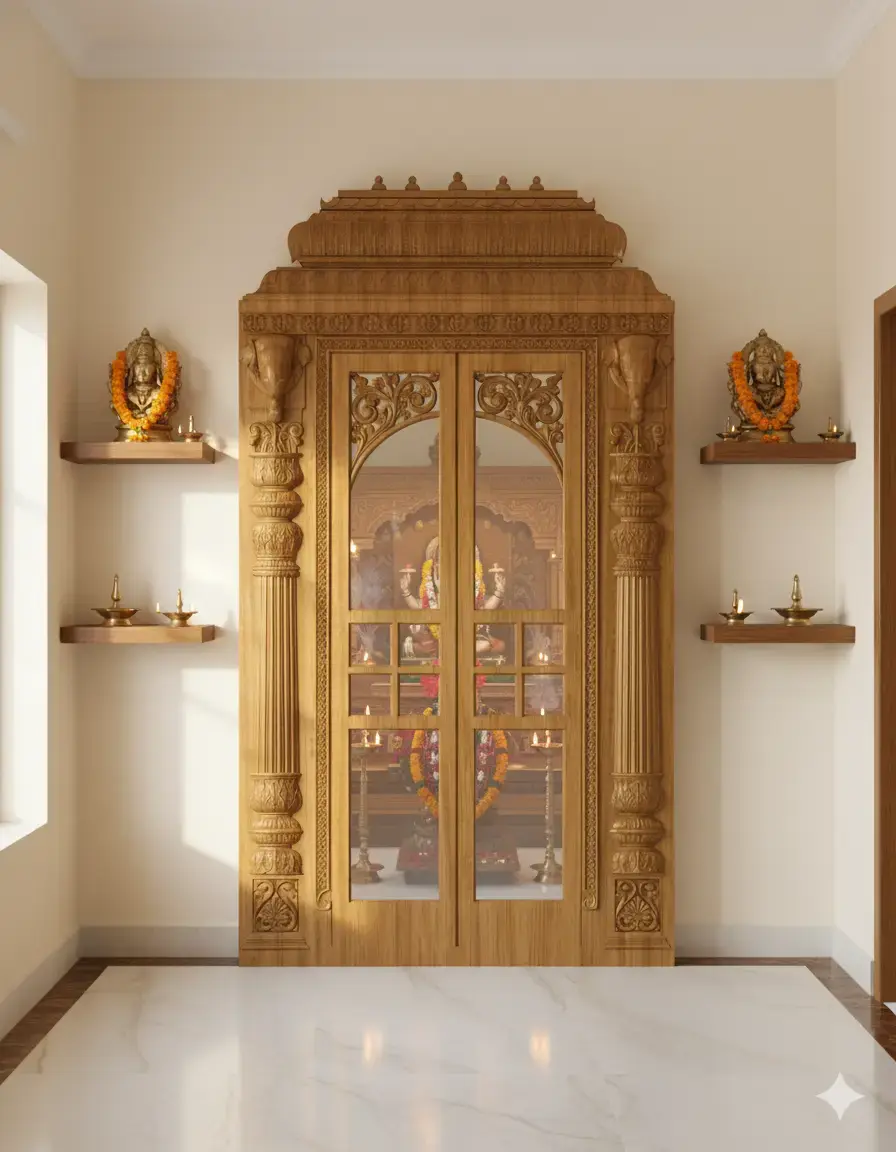 half round pillars with door frame and carved doors with carved elephants