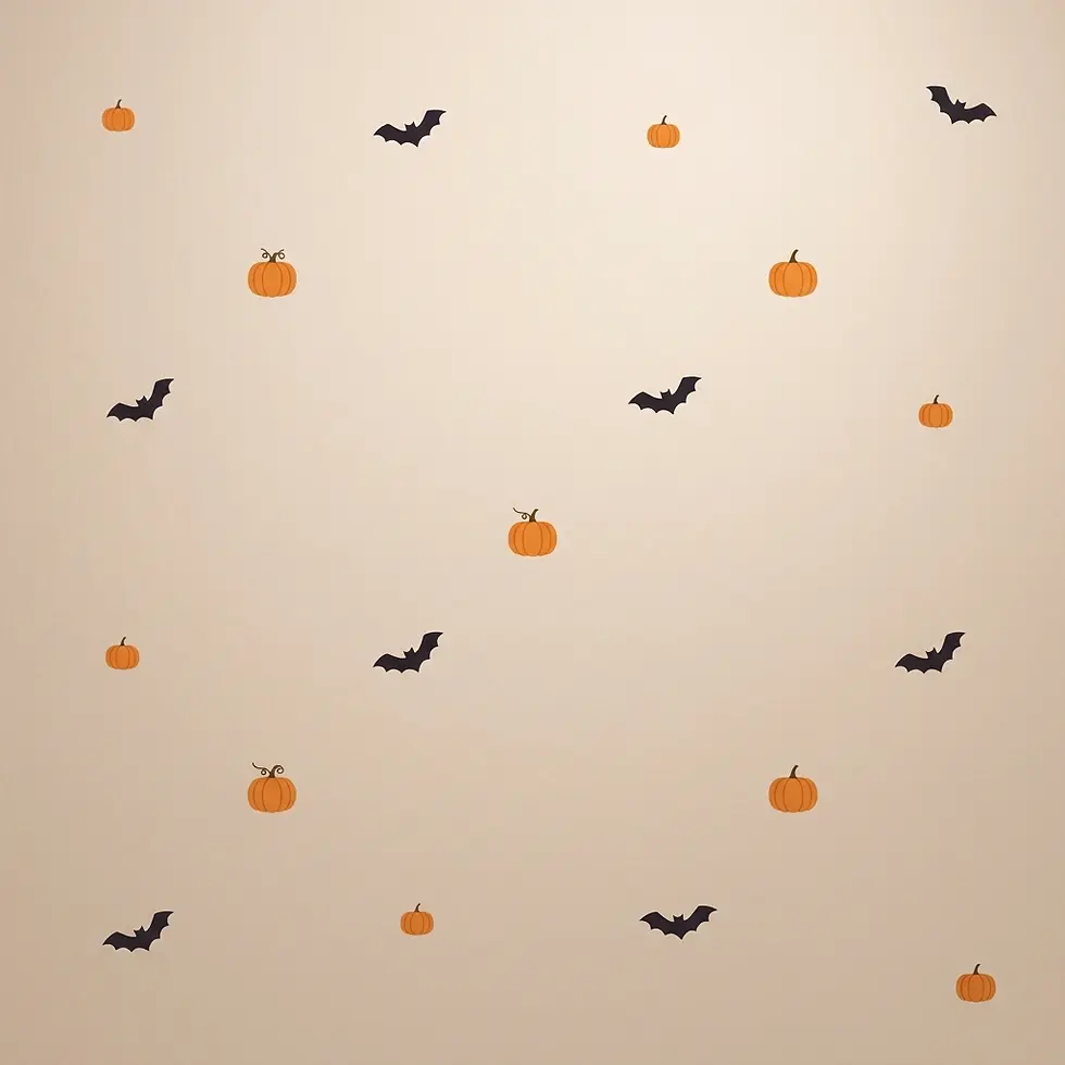 Digital pattern featuring a playful scattering of pumpkins and bats. The repeating festive design evokes a Halloween theme.