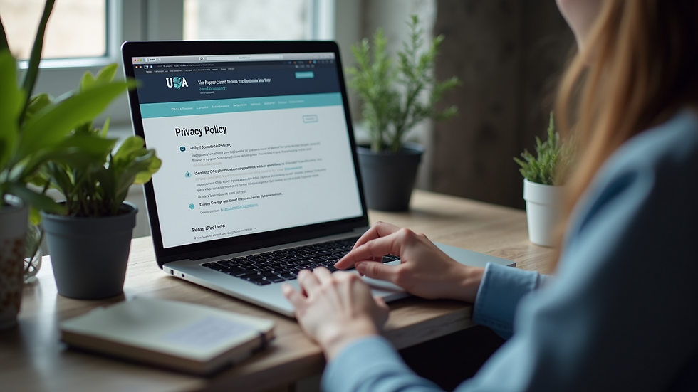 High angle view of person typing on laptop with privacy policy webpage open