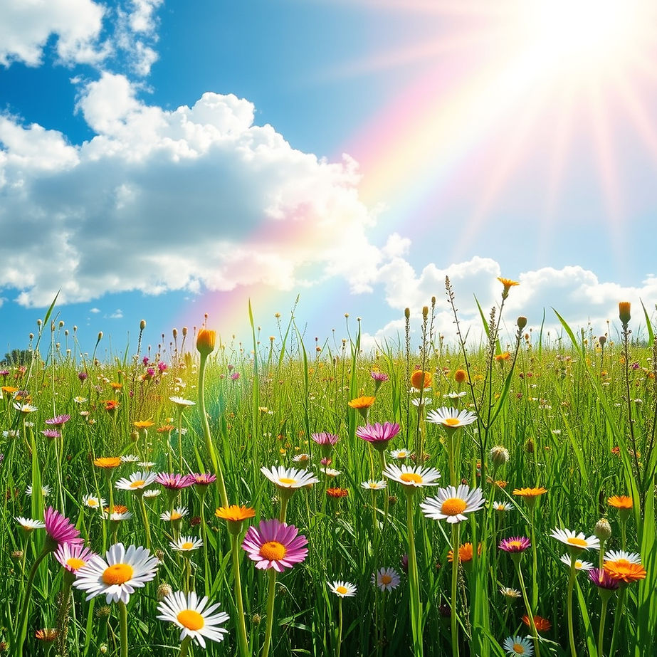 beautiful meadow with flowers bright with a rainbow and sunshine blue sky .jpg