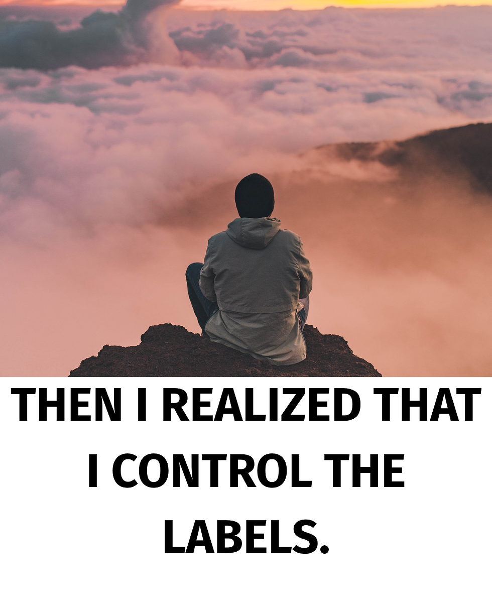 Person in a hoodie sits on a cliff overlooking clouds at sunset. Text reads: "Then I realized that I control the labels." Serene mood.