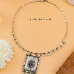 Silver choker necklace with square pendant, pearl drops, Girija Art Jewels