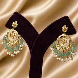 Jadau gold earrings with green beads and pearls