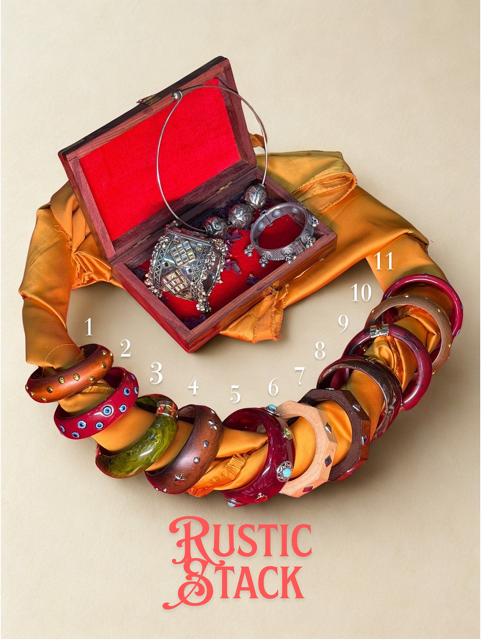 Rustic Stack jewelry box with numbered colorful bangles