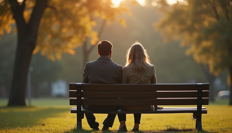 Eye-level view of a couple sitting apart on a park bench, showing emotional distance