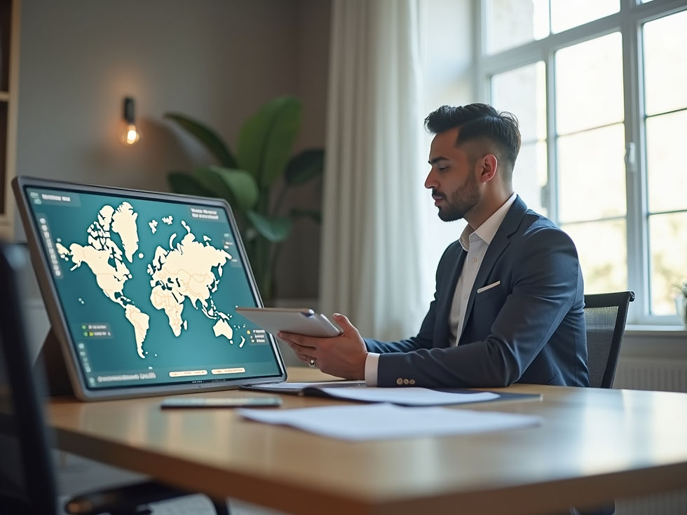 Business security professional reviewing world map risk dashboard