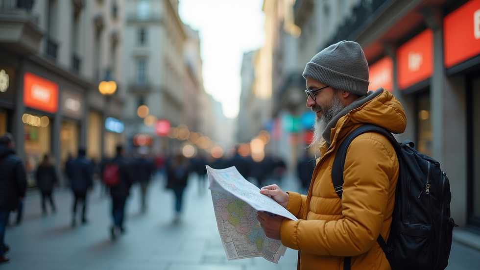 Eye-level view of a traveler checking a map in a foreign city