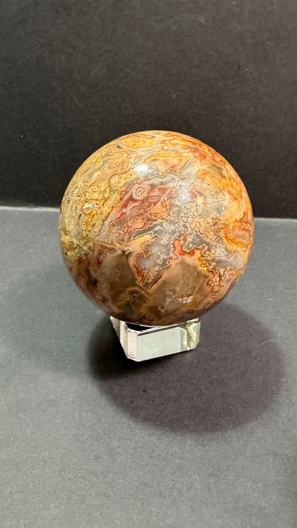 Thumbnail: Crazy Lace Agate Sphère with glass holder 58MM diameter 252 grams 
