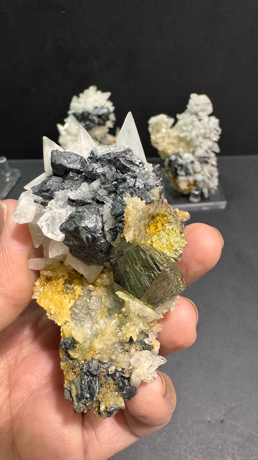 Thumbnail: Chalcopyrite Dog Tooth Calcite Galena with holder 6.5cm x 6cm  155grams