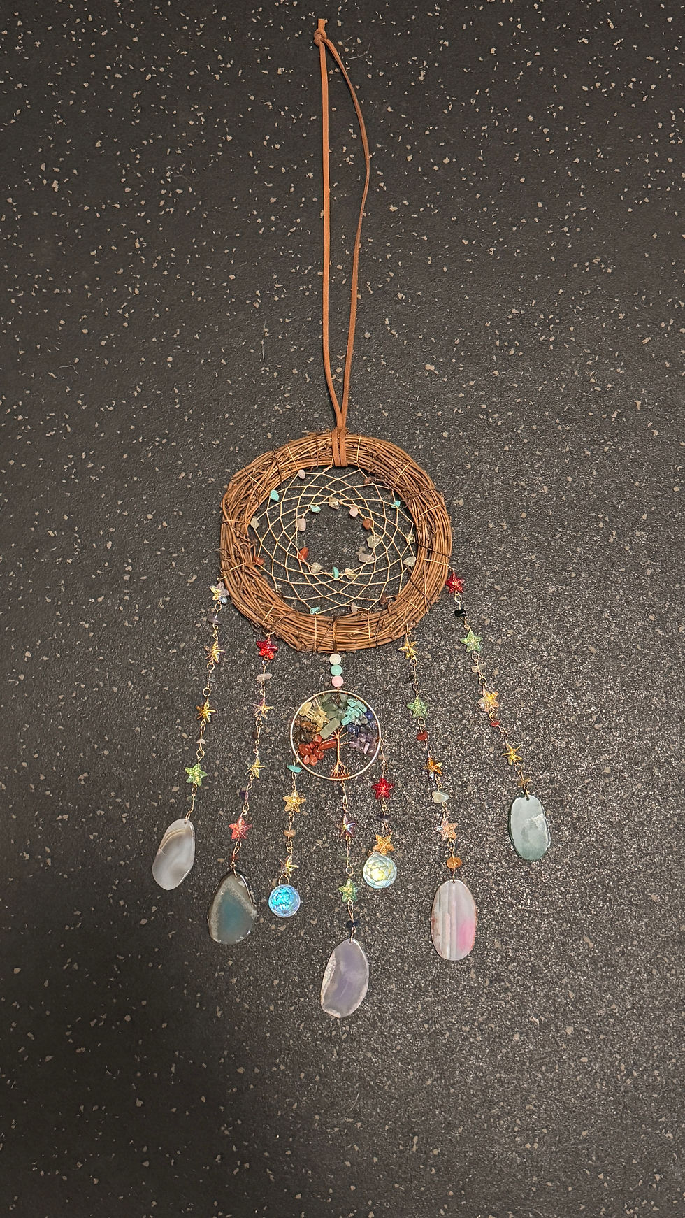 Handmade 27” Dream Catcher with Natural Stones, Tree of Life & Dyed Agate Slices