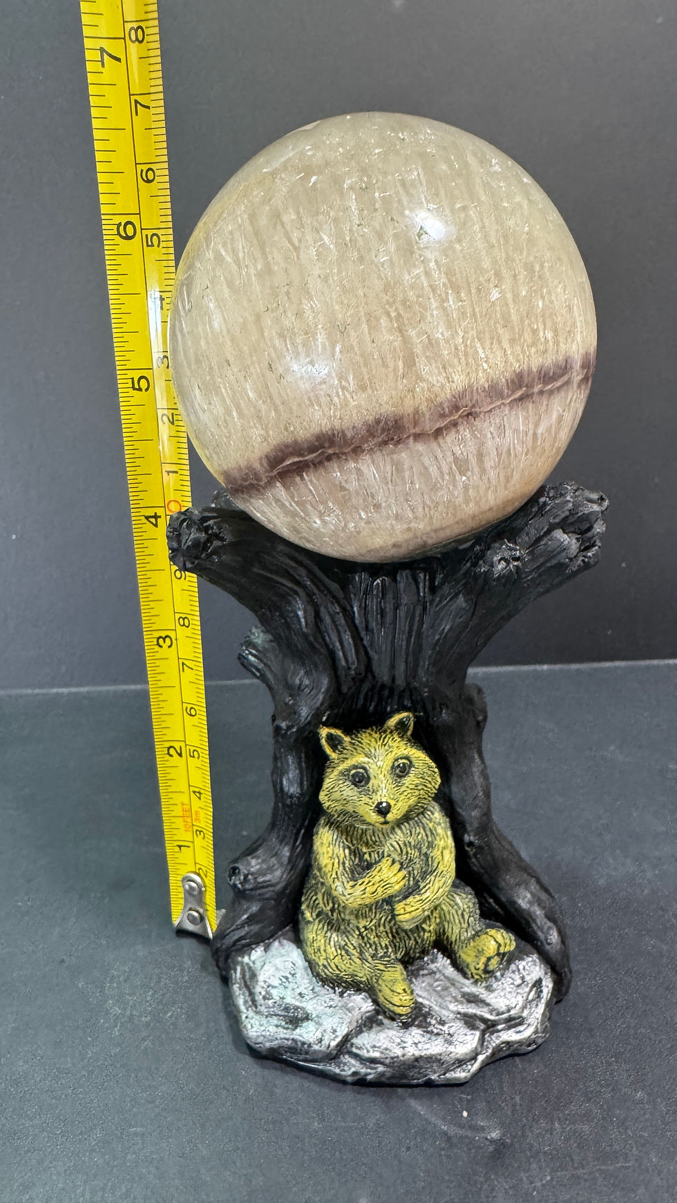 Thumbnail: Pyrite, fluorite, Quartz and Flower Agate sphere +bear holder 