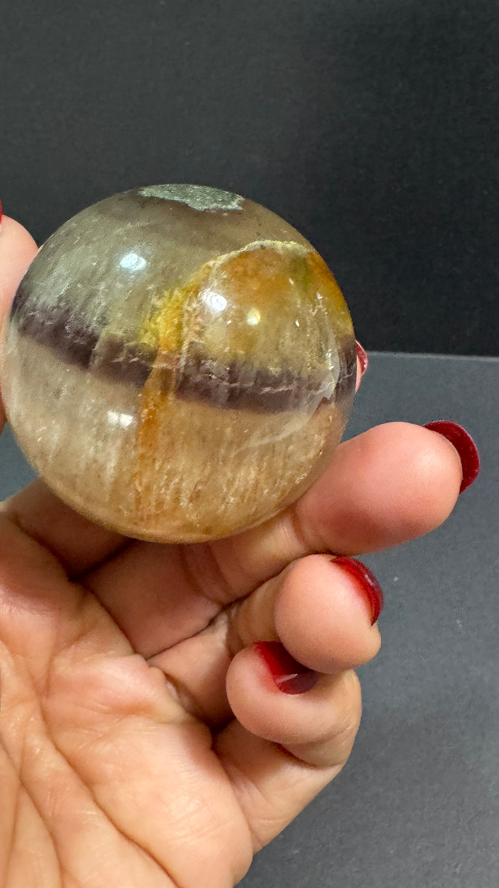 Thumbnail: Fluorite, Hematite and Pyrite sphere 193grams 49MM diameter with glass holder 