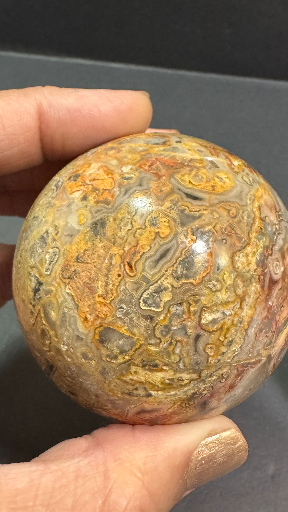 Thumbnail: Crazy Lace Agate Sphère with glass holder 58MM diameter 252 grams 