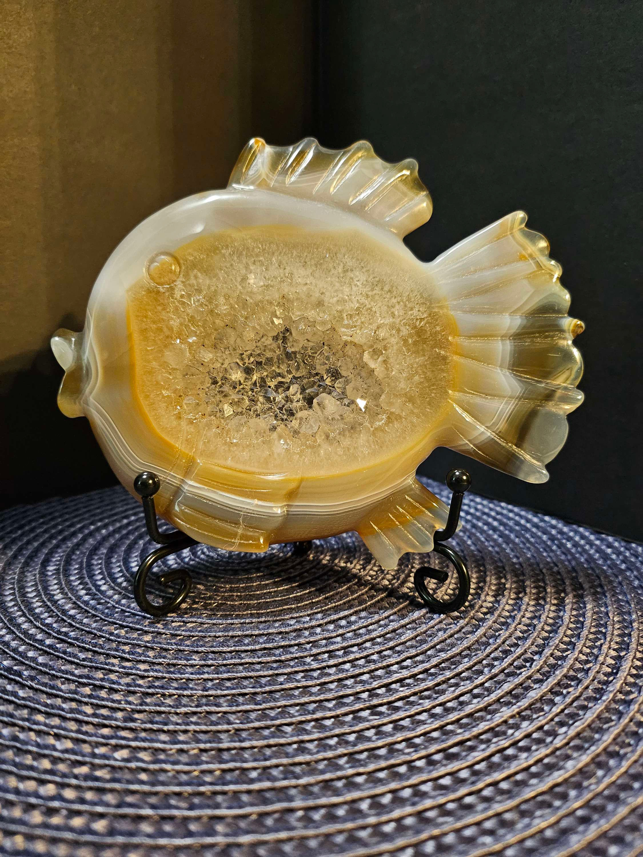 Brown Agate with pretty Drury and banding  fish carving with stand