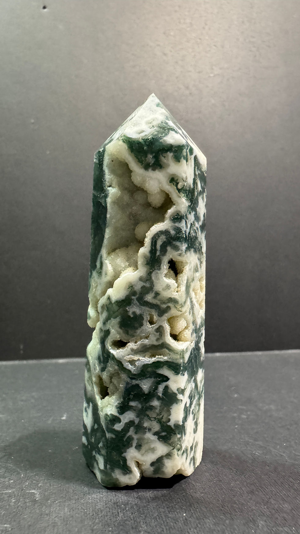 Thumbnail: Green Moss Agate with Druzy tower 3.5” tall 