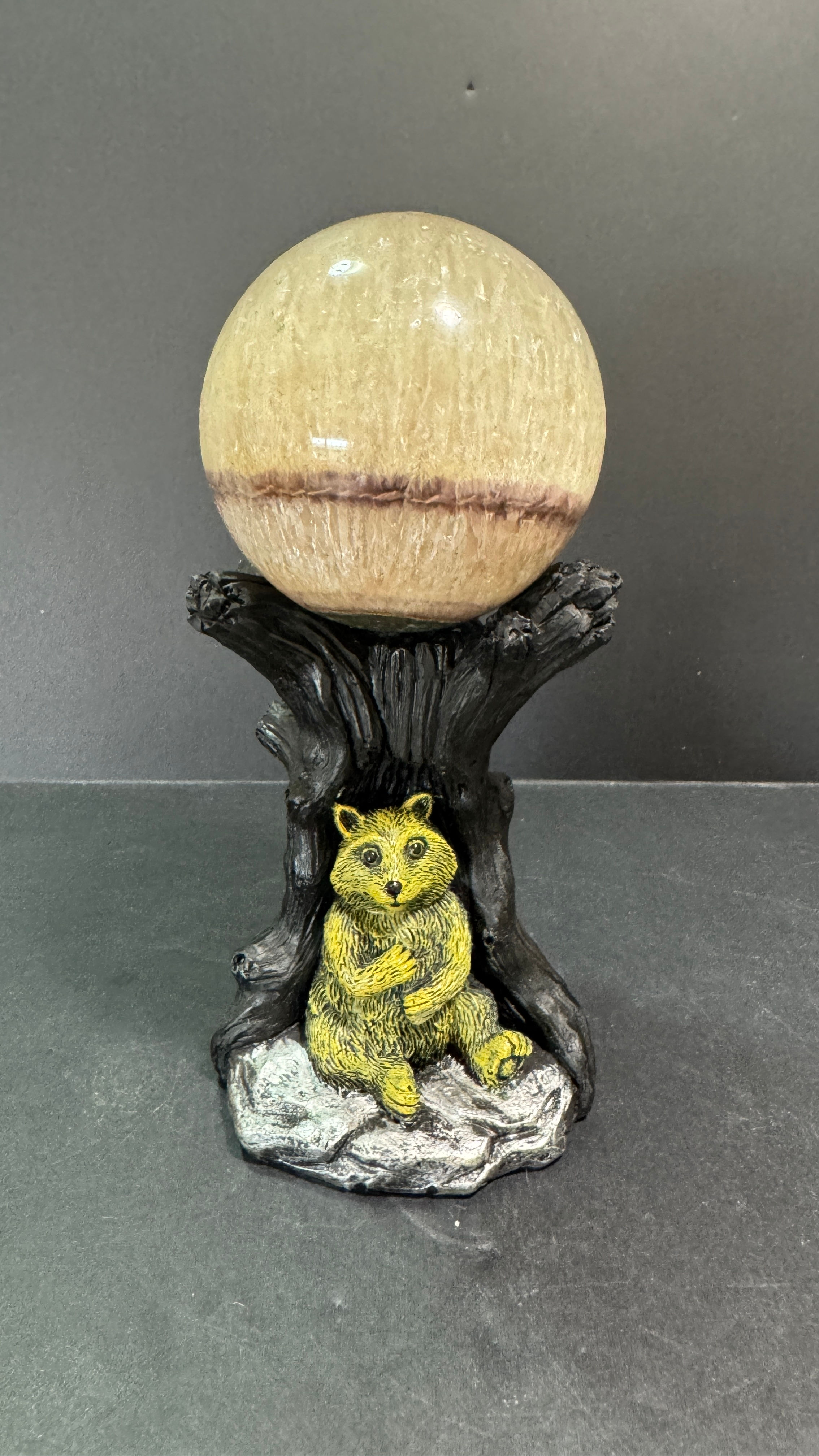 Pyrite, fluorite, Quartz and Flower Agate sphere +bear holder 