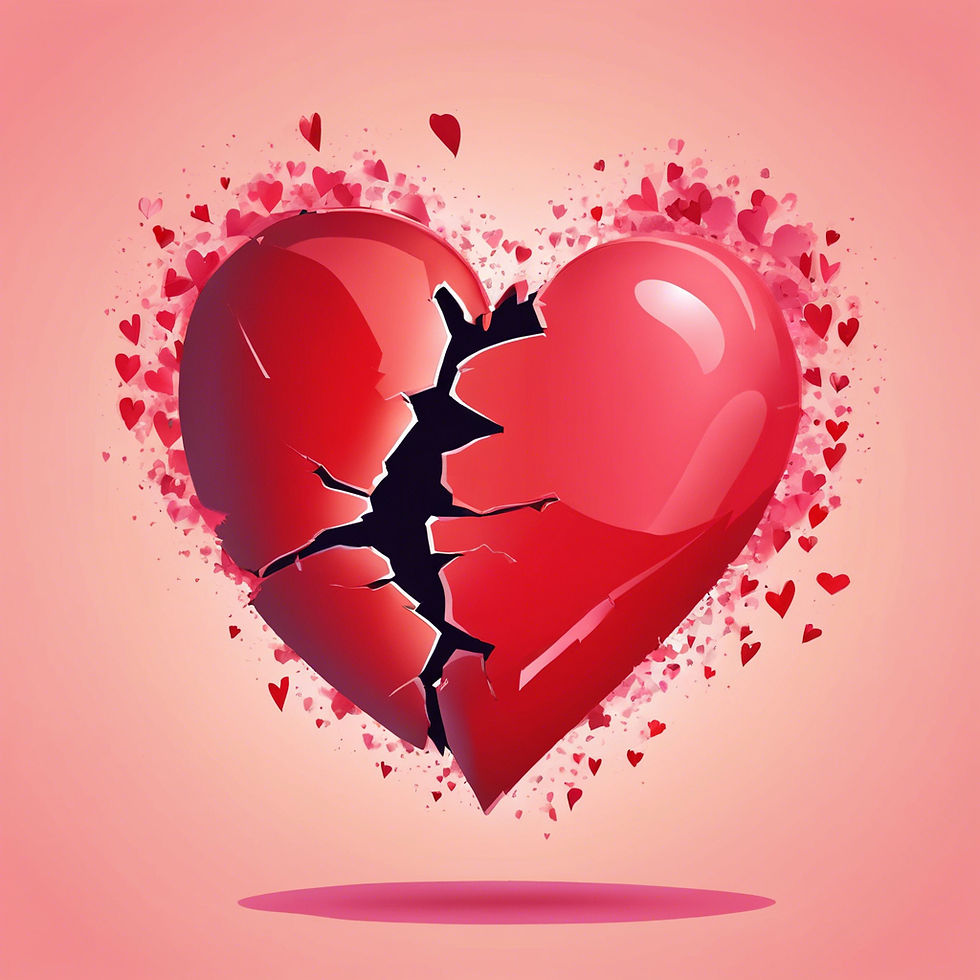 A large red heart with a crack in the center, surrounded by smaller hearts, on a pink background. The mood is somber, symbolizing heartbreak.
