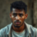 A man with curly hair and beard looks to the side, wearing a light shirt. The background is blurred and muted, creating a thoughtful mood.