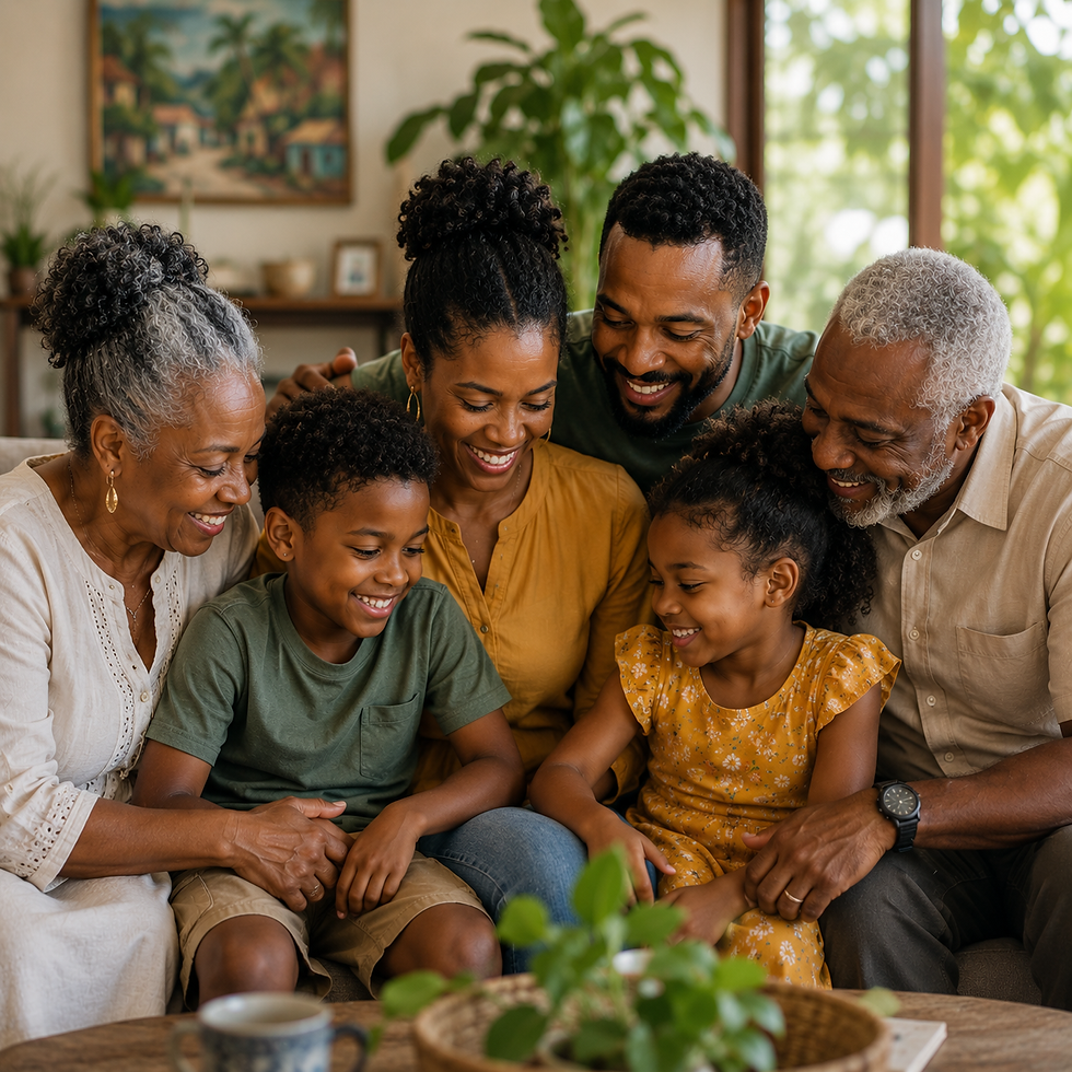 Three generations of a family sit on a couch, smiling and embracing in a cozy living room with plants and artwork. Warm, joyful atmosphere.