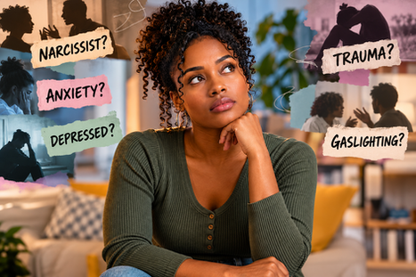 Contemplative Caribbean woman surrounded by psychological labels questioning whether everyday human experiences are increasingly being treated as mental health disorders.