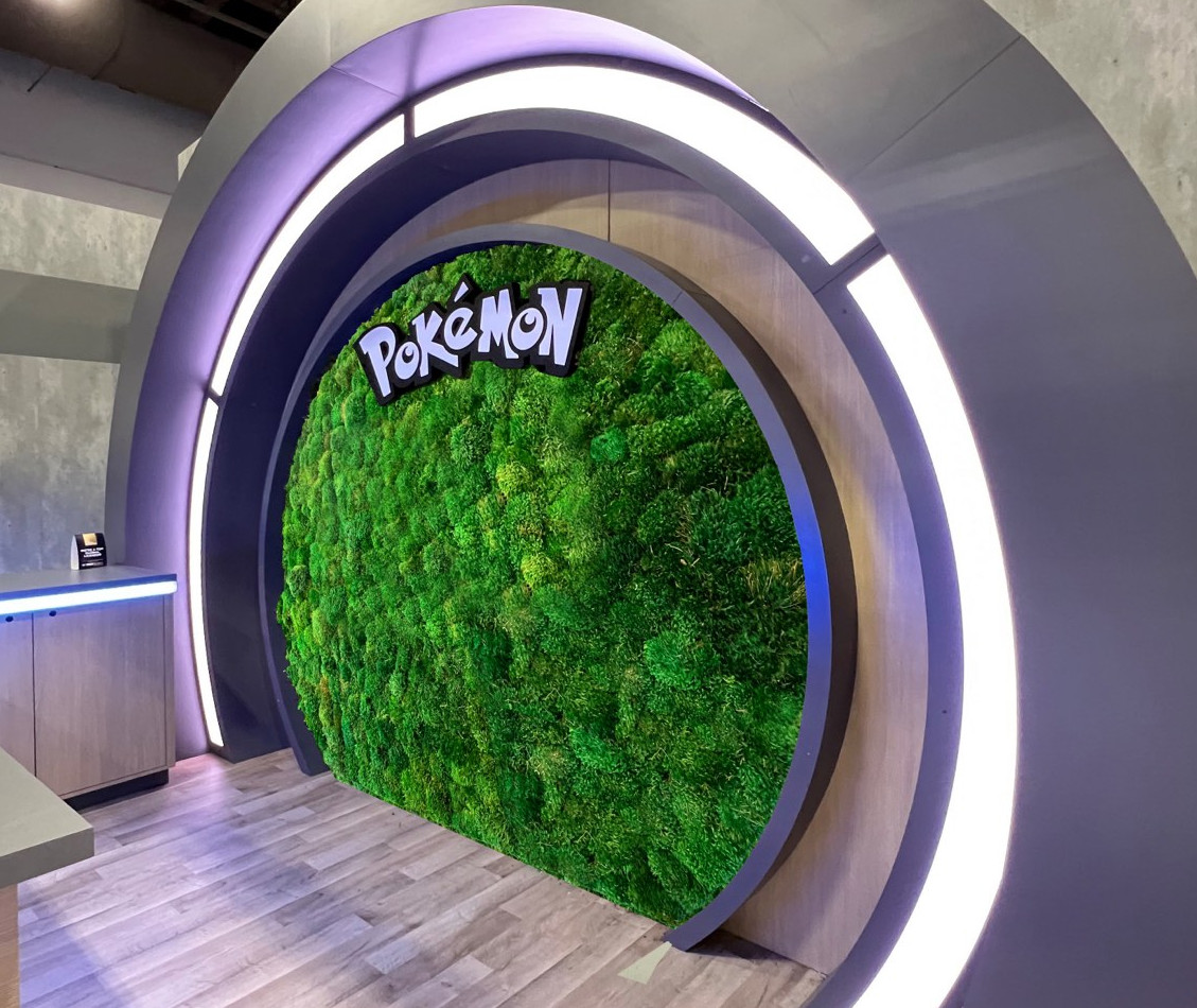 Round Mood Moss Wall featuring the Pokémon logo, designed with lush preserved moss for a natural, eco-friendly aesthetic