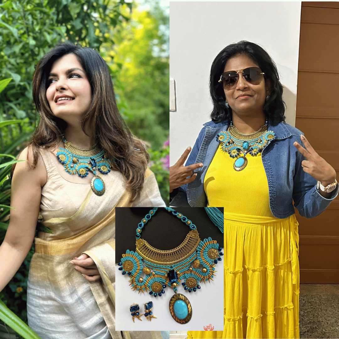 The same blue Kanthalata macrame necklace set looks beautifully unique on light and dark skin tones. Thank you Mehndi and Christina for these amazing pics.