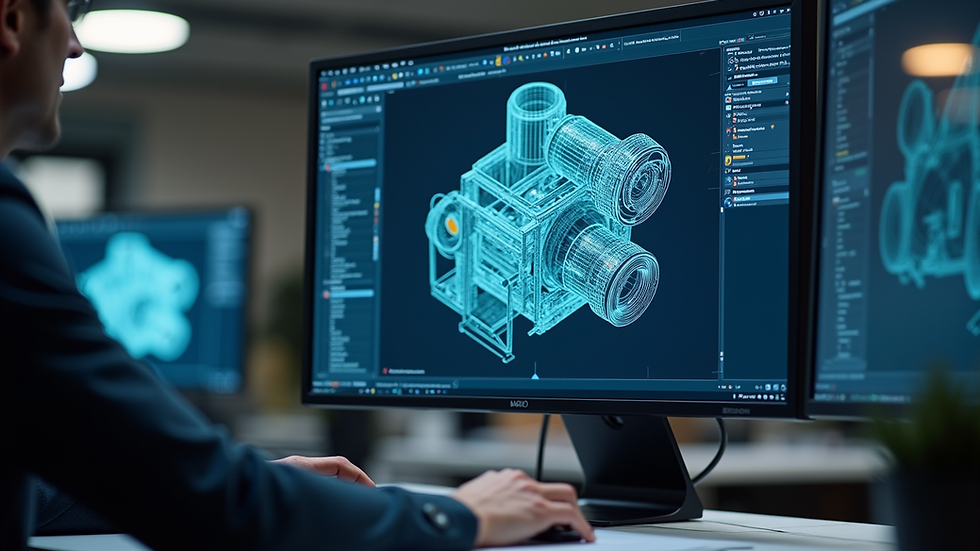 Eye-level view of a CAD workstation showing a 3D mechanical part on screen