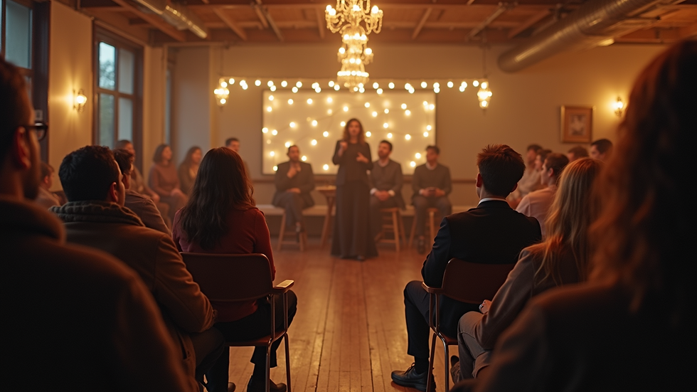 Eye-level view of a community storytelling event in a cozy indoor space