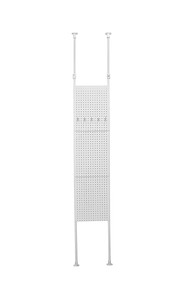 Adjustable tension pole with pegboard panels for customizable wall storage in small spaces