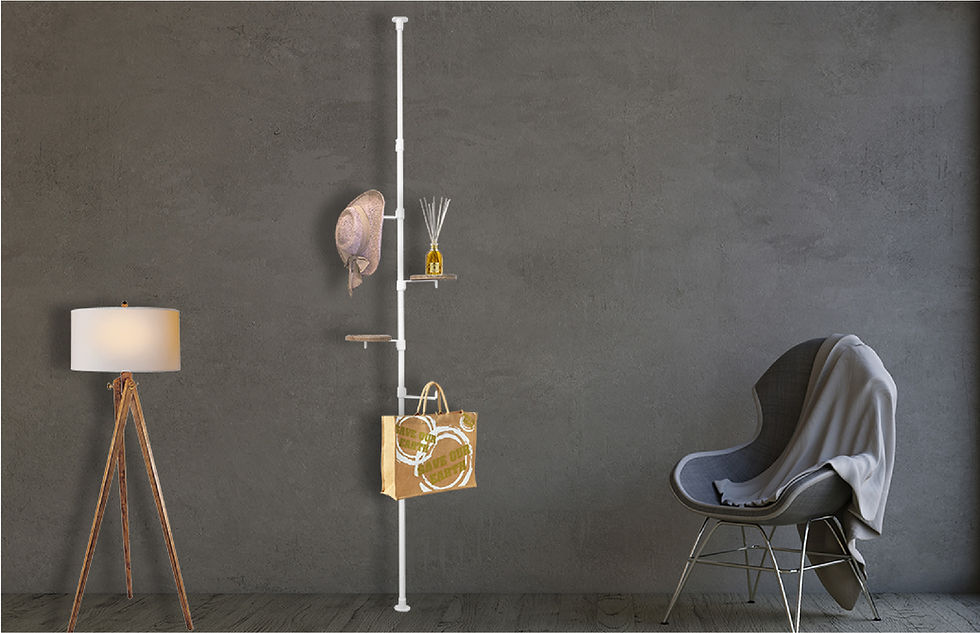 Vertical pole shelf featuring two wooden platforms and side hooks for hanging accessories or bags