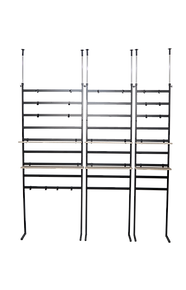 Height adjustable storage shelf that stands independently and mounts against a wall for space saving organization