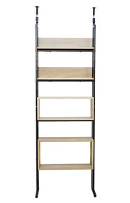 Height adjustable storage shelf that stands independently and mounts against a wall for space saving organization