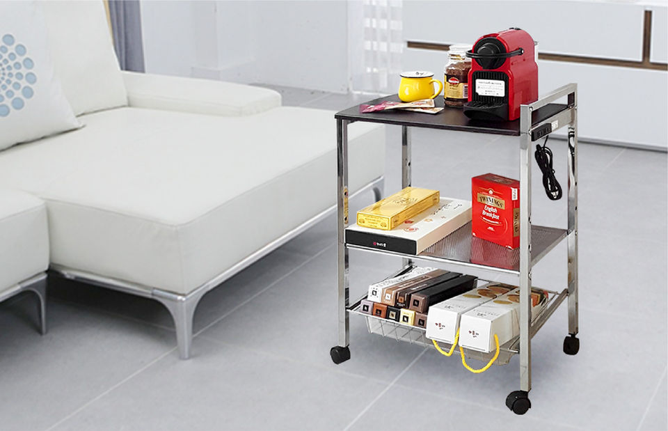 Functional serving cart with storage shelves and easy mobility for use in homes, offices, or restaurants