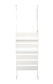 Height adjustable storage shelf that stands independently and mounts against a wall for space saving organization