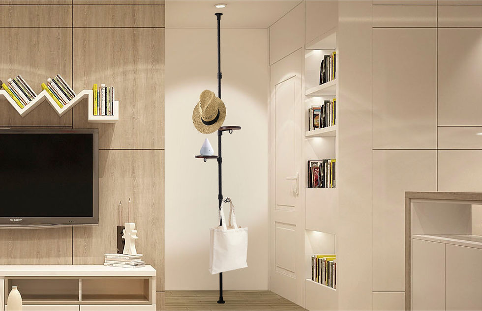 Minimalist standing shelf with a single pole design including dual wooden surfaces and utility hooks