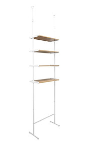 Bathroom shelving unit that fits over toilets with customizable height for storing towels, toiletries, and decor