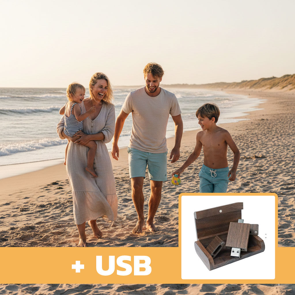 Hasta 50 fotos / vídeos + caja USB de madera