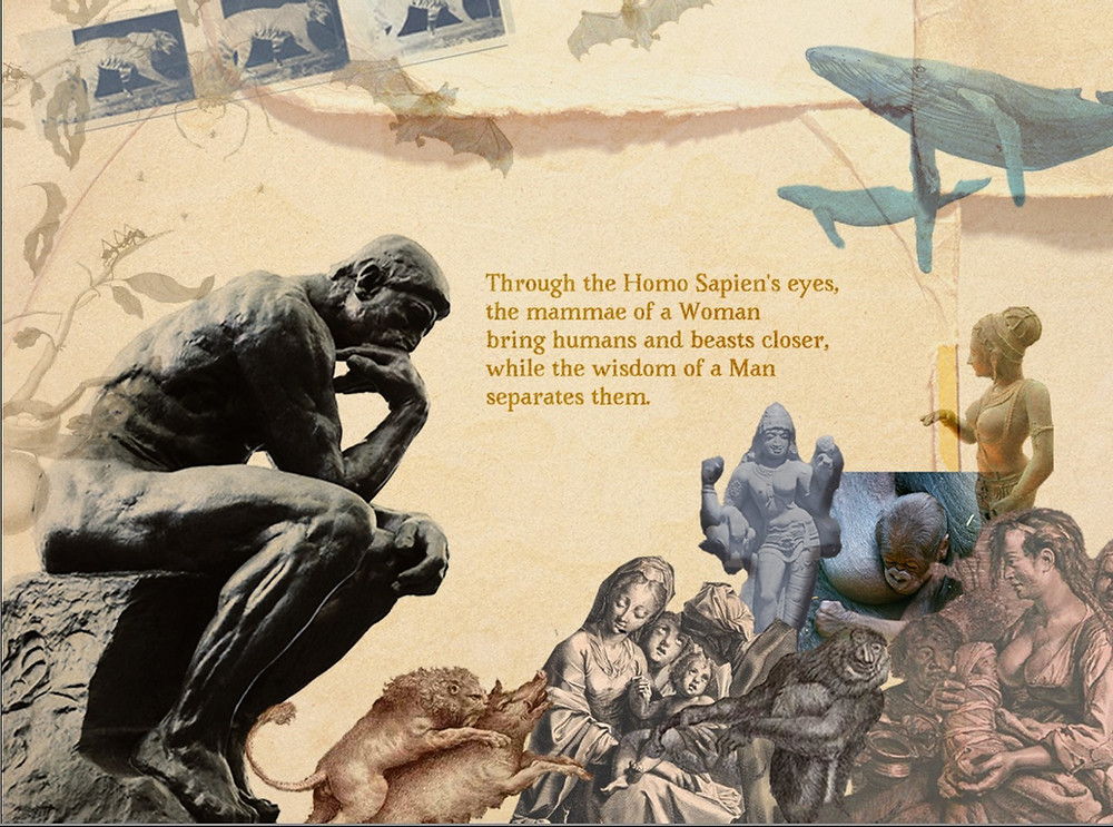 The Thinker Man observing women and animals, breasts, breastfeeding and contemplating about what these mean together. Text on the image: Through the Homo Sapien's eyes, the mammae of a Woman brings humans and beasts closer, while the wisdom of a Man separates them.