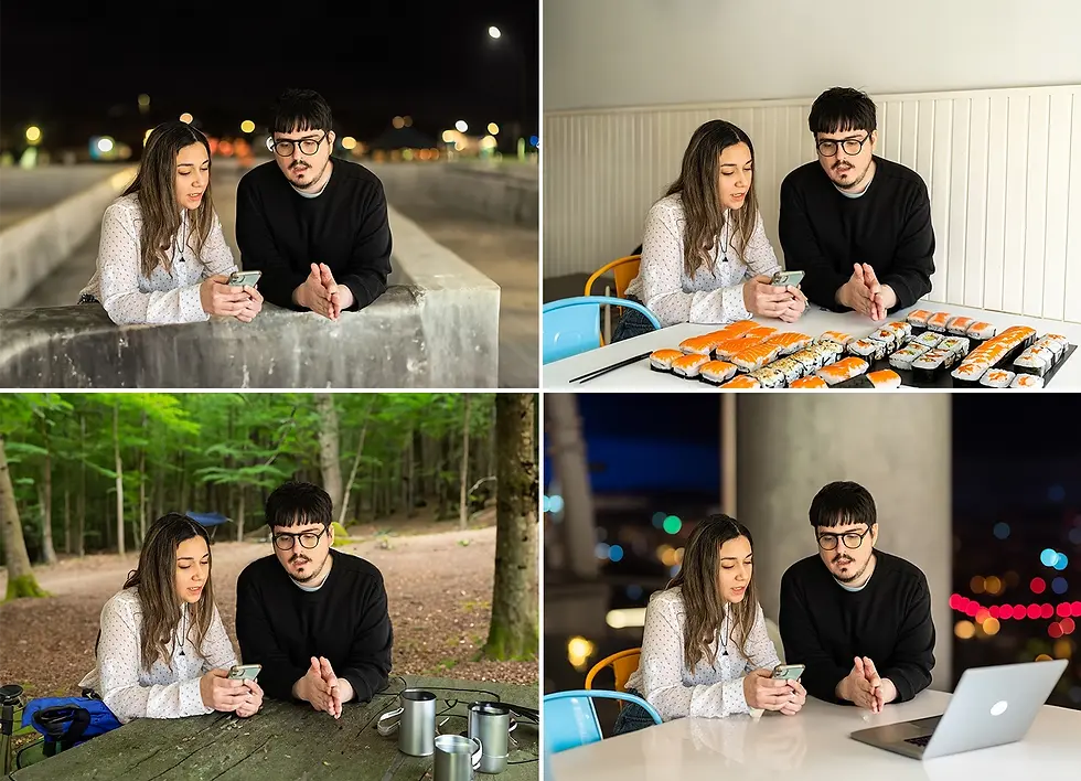 Mosaico de fotos intervenidas con IA generativa que muestra a dos personas teniendo una reunión en diferentes locaciones.